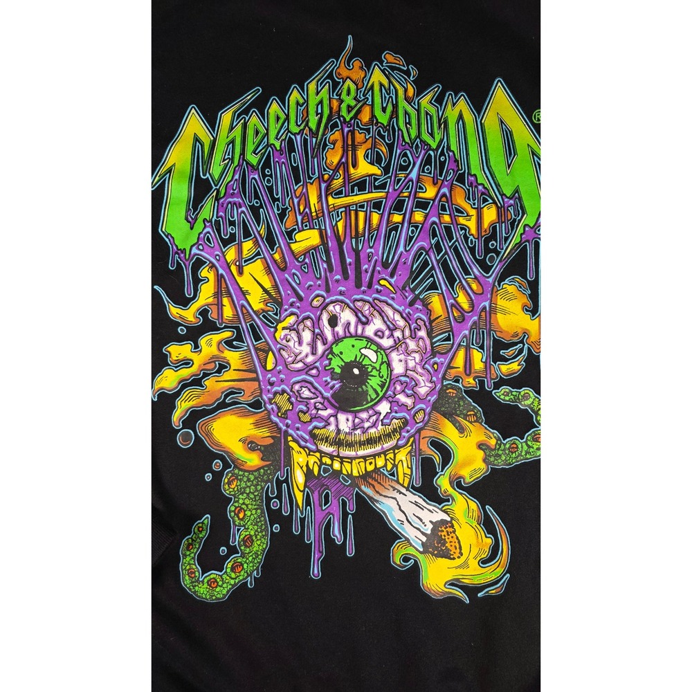 Cheech & Chong Graphic Hoodie Black Pullover Sweatshirt Neon Trippy Eyeball L